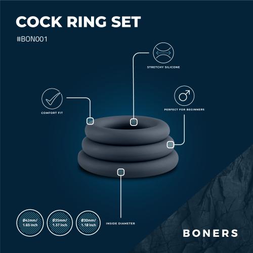 Boners 3-Piece Cock Ring Set - Grey