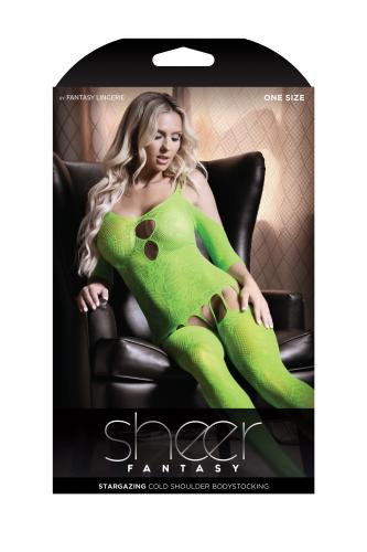 Stargazing Cold Shoulder Jarretel Catsuit - Neon Green