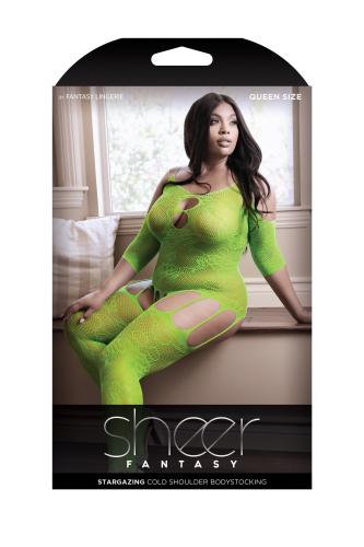 Stargazing Cold Shoulder Jarretel Catsuit - Neon Green